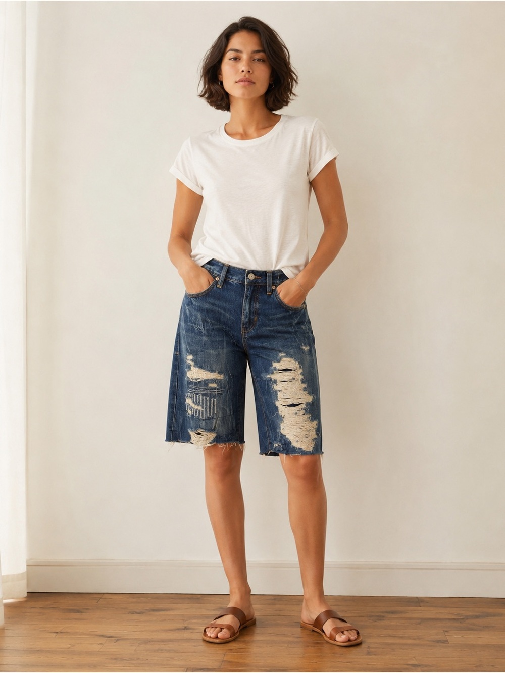 Madewell NWT Distressed Patchwork Denim Bermuda Shorts Size 26